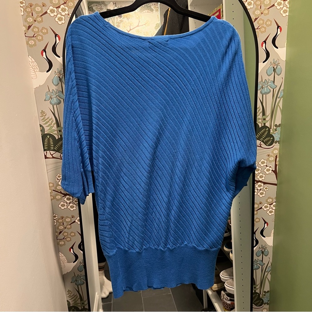 Retro NY&Co Blue Angle Stripe Knit Batwing Long 80s Style Sweater 3/4 Sleeve - Picture 4 of 4